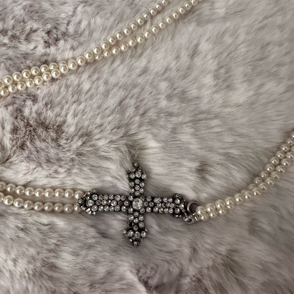 Saint Laurent YSL double row Pearl Cross Crystal necklace